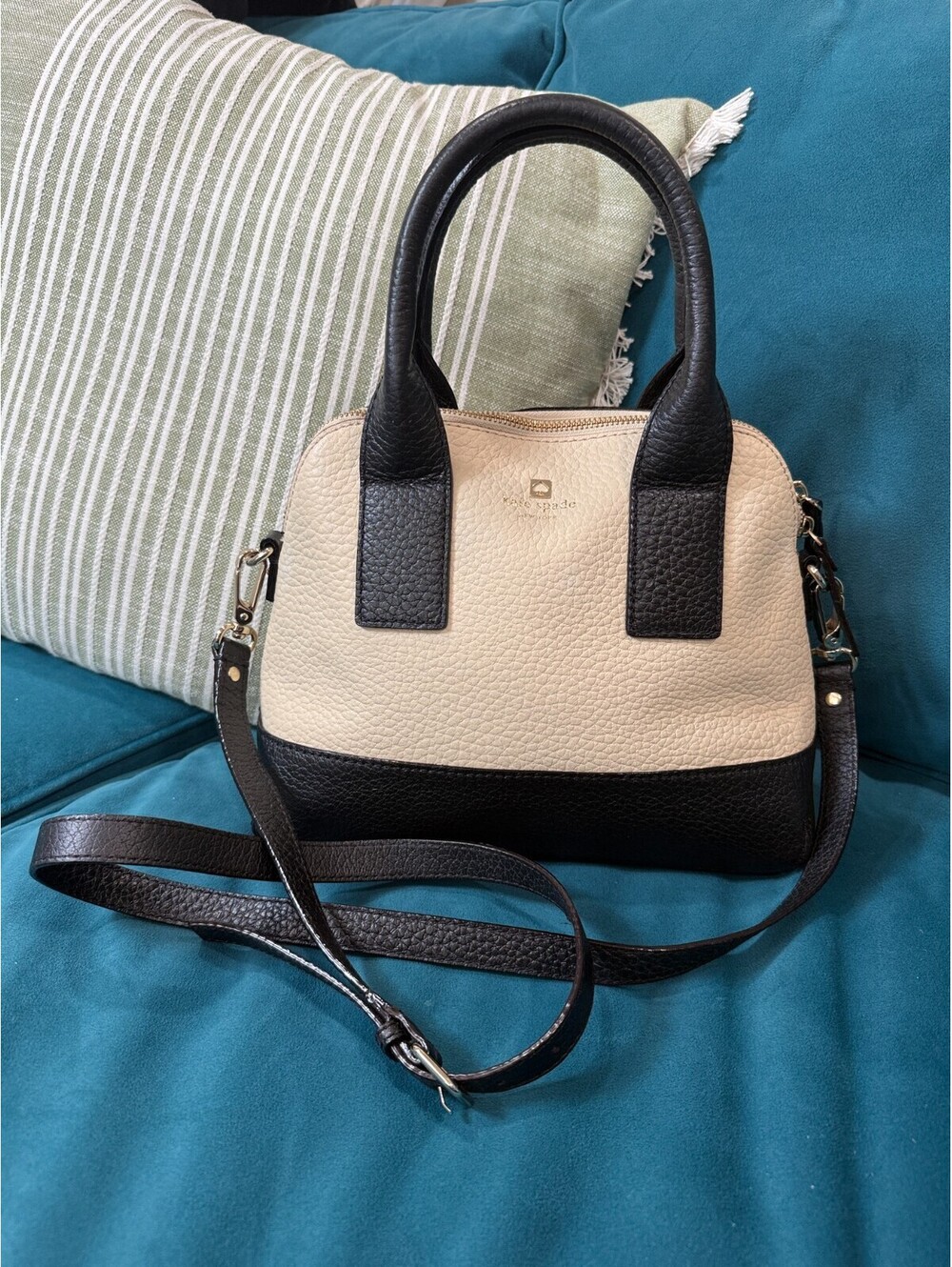 Kate Spade New York Leather Satchel Crossbody Black Cream Pebbled Leather Bag